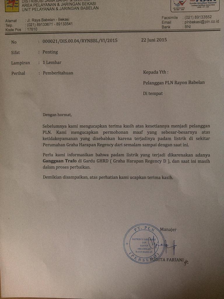 plnbabelan's tweet photo. info untuk pr.graha hrpan regncy ada pemadaman listrik karena trafo rusak http://t.co/BA6X9BoUZF