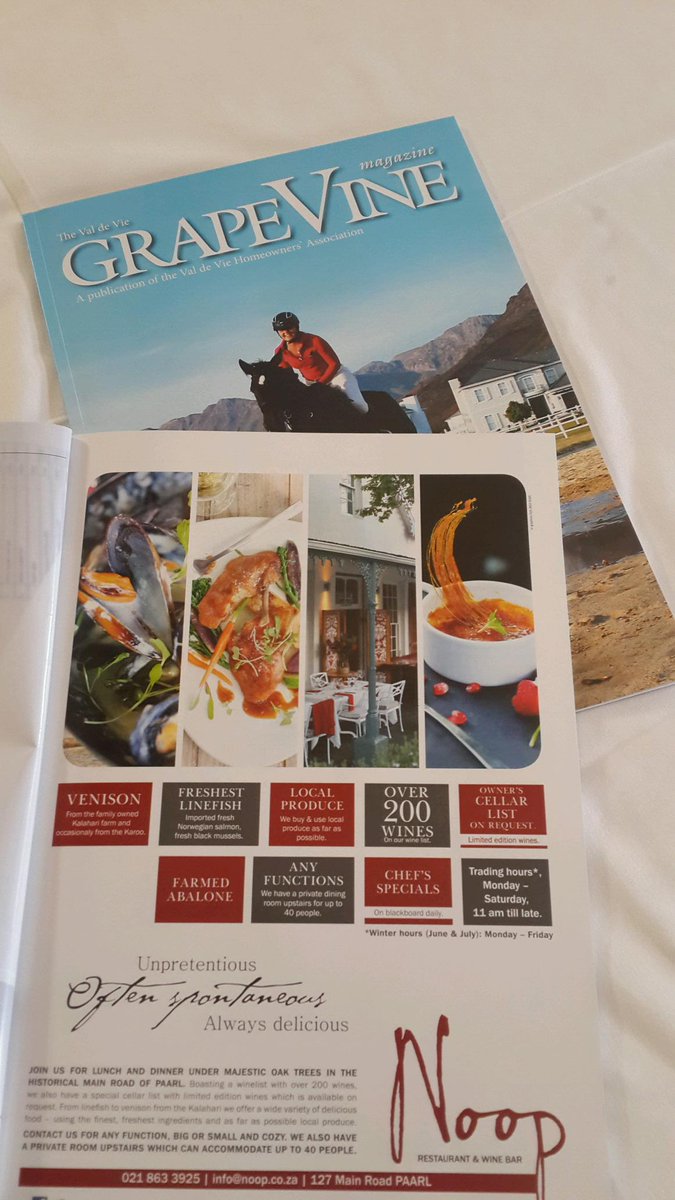 NoopRestaurant's tweet photo. Noop's ad in the @valdevieestate magazine! @ZianNoop @IntertwEAT @GrapevineMag @ryanboonmeats @paarltourism http://t.co/hZemfoUE5B