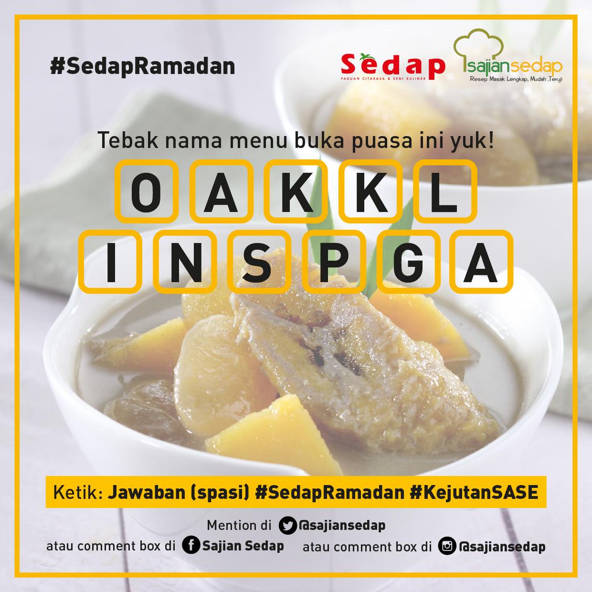 sajiansedap's tweet photo. Ingin voucher belanja dan produk Sedap? Ayo tebak nama menu buka puasa ini yuk Sobat Sase! #SedapRamadan #kejutanSASE http://t.co/xB89YyUa5x