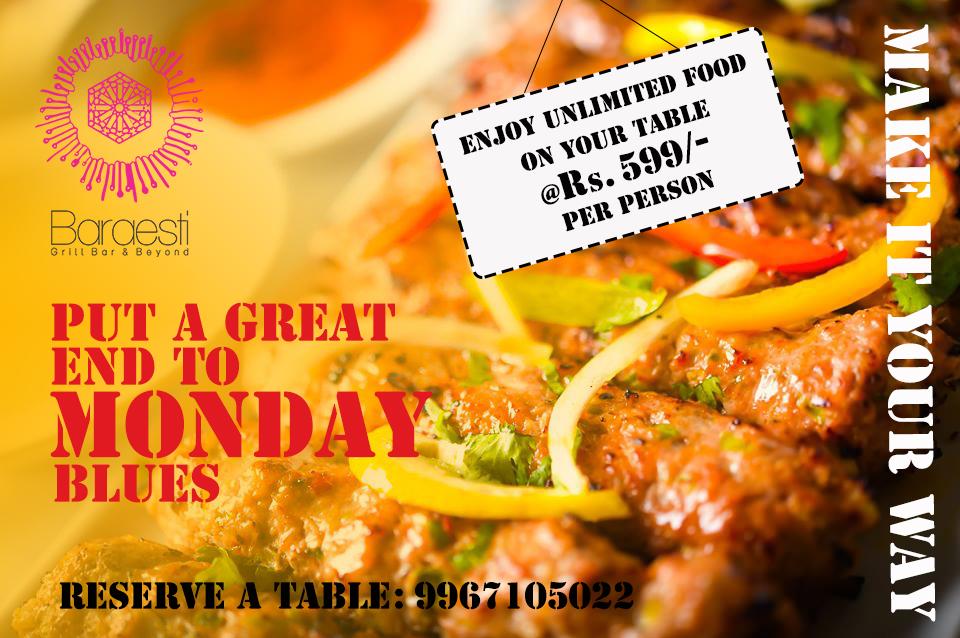 Baraesti's tweet photo. A foolproof option for hearty dinners @Baraesti, every MONDAY we offer unlimited on Your Table @Rs 599/-*per person http://t.co/SOs95RyPTl