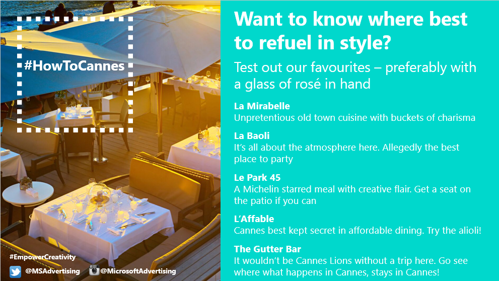 advertisingweek's tweet photo. Been to #CannesLions and not visited these restaurants/bars? Then check them out #HowToCannes @MSAdvertising http://t.co/24vETKjtSB