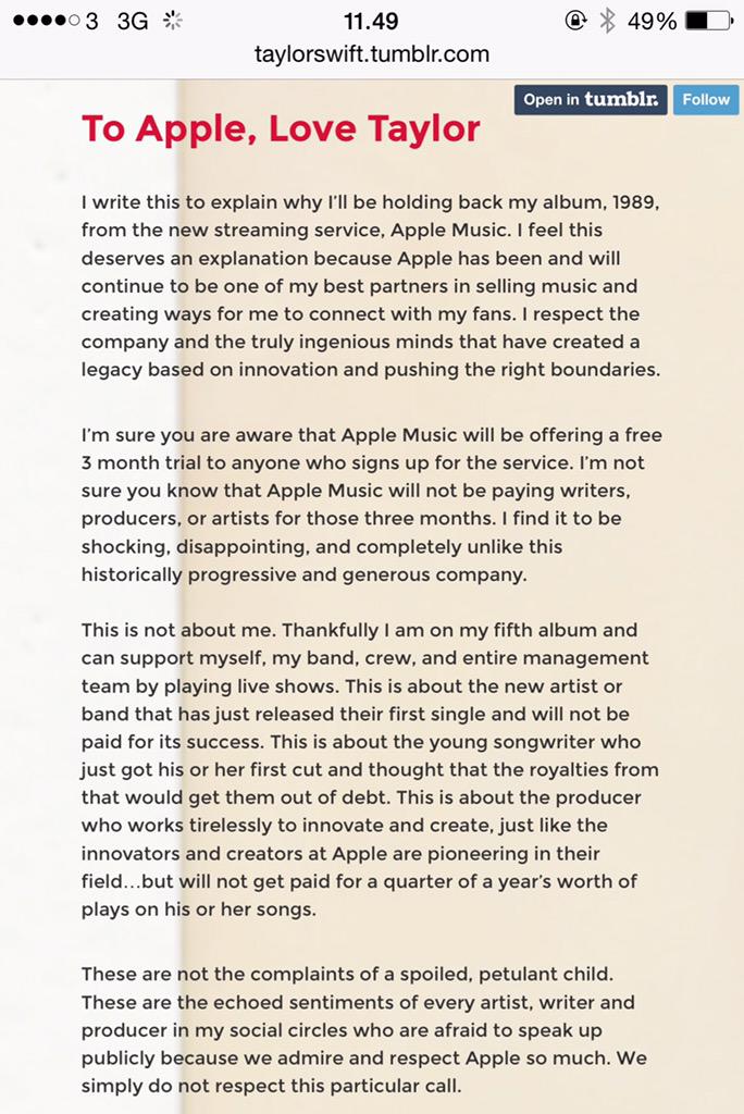 Image result for taylor swift apple music letter