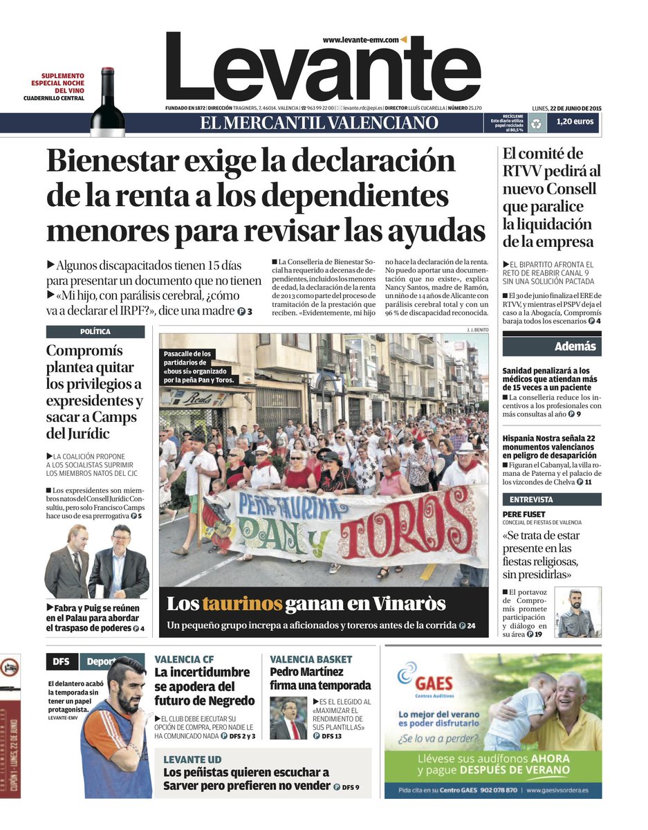 levante_emv's tweet photo. Esta es la #portada del lunes 22 de junio. Hoy sol y máximas de 30º. Sigue la información en http://t.co/qBQo6aYyFT http://t.co/5Uai034TaW
