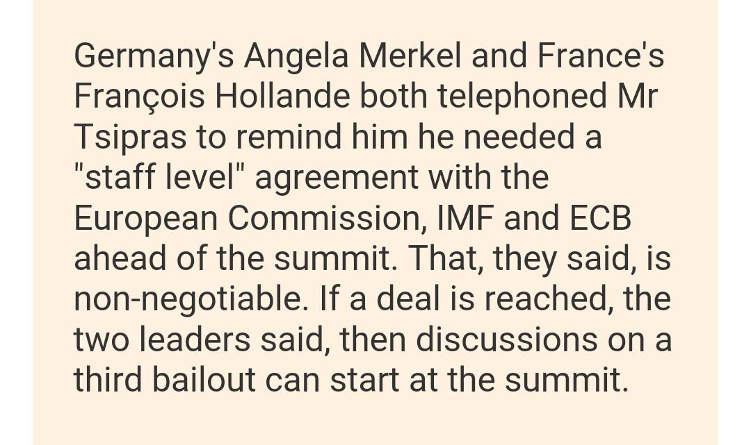 johnhalton's tweet image. From today's #FirstFT email: "talk to our staff," Merkel and Hollande tell Tsipras. #talktothehand