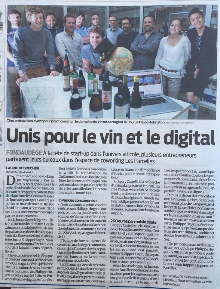 Notre nouvel espace de #coworking dédié au #vin et #digital était dans <a href="/sudouest/">Sud Ouest</a> ce WE ;) #FrenchTech #Bordeaux
