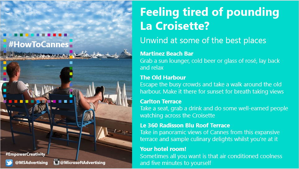 advertisingweek's tweet photo. If you feel tired of pounding La Croisette MSAdvertising suggests five places to unwind #HowToCannes http://t.co/WUU1ky1161