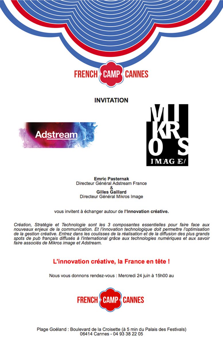 AdstreamFrance's tweet photo. @AdstreamFrance au FrenchCamp #cancan #canneslions avec @AACClive ! On vous donne RDV le 24/6 à 15h (plage Goéland) ! http://t.co/iPjNS0a3CD