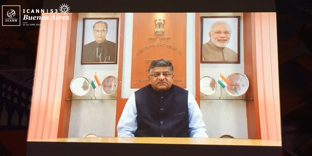 ICANN's tweet photo. Indian government announces support for #ICANN's multistakeholder model via video message at #ICANN53. http://t.co/fWQG4aIhDQ
