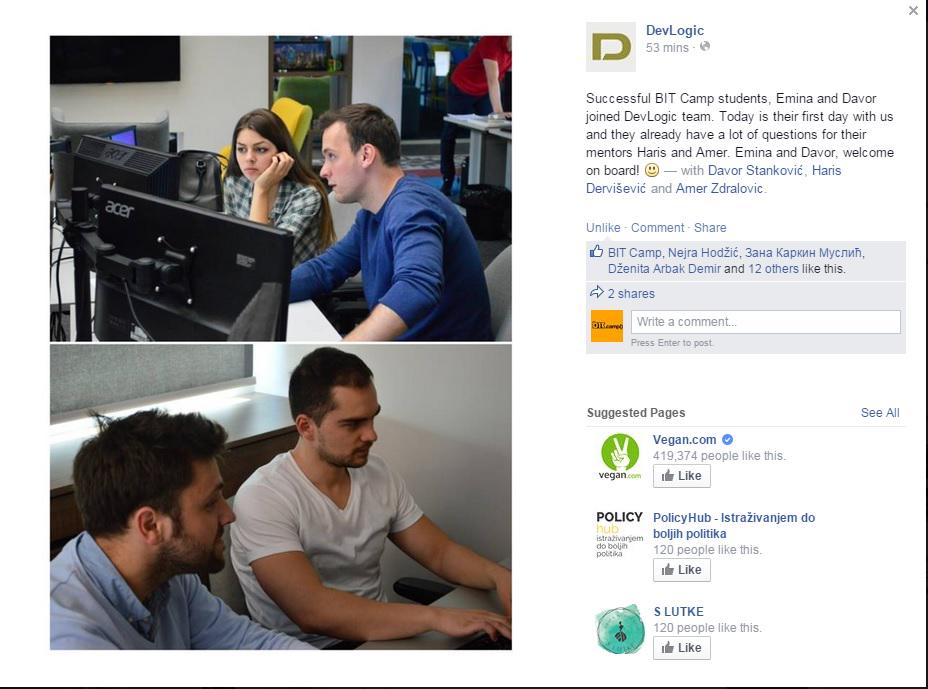 BITCamp_ba's tweet image. Puno sreće Emini i Davoru, bivšim BIT Camp studentima, na novom radnom mjestu :) #BITCamp #BITAlliance #DevLogic