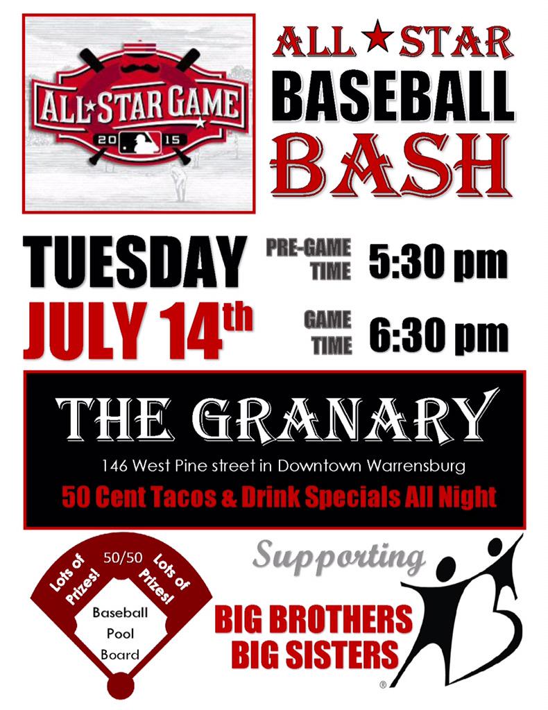 bbbsjocomo's tweet photo. All Star Baseball Bash with #BBBS July 14 @GranaryPineSt! Watch the #MLBAllStarGame2015 eat $0.50 tacos &amp; play games! http://t.co/O9KlyVCZ47