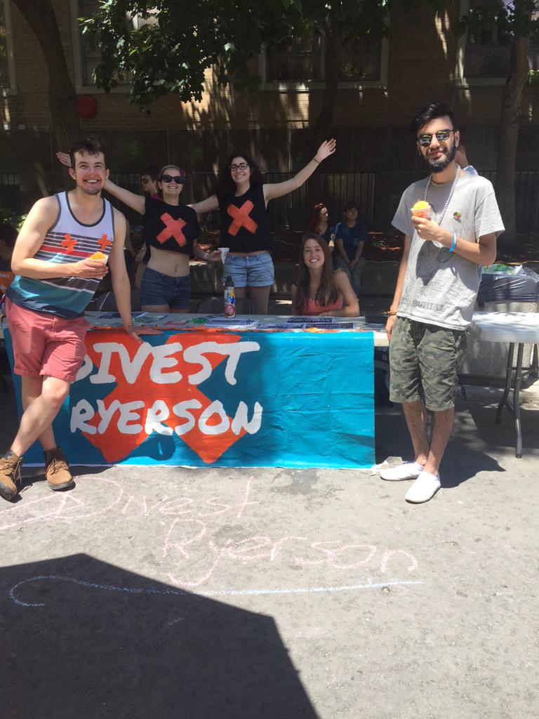 We're with the folks with <a href="/DivestRyerson/">Divest Ryerson</a> at the @RyePRIDE street fair! Come say hi!