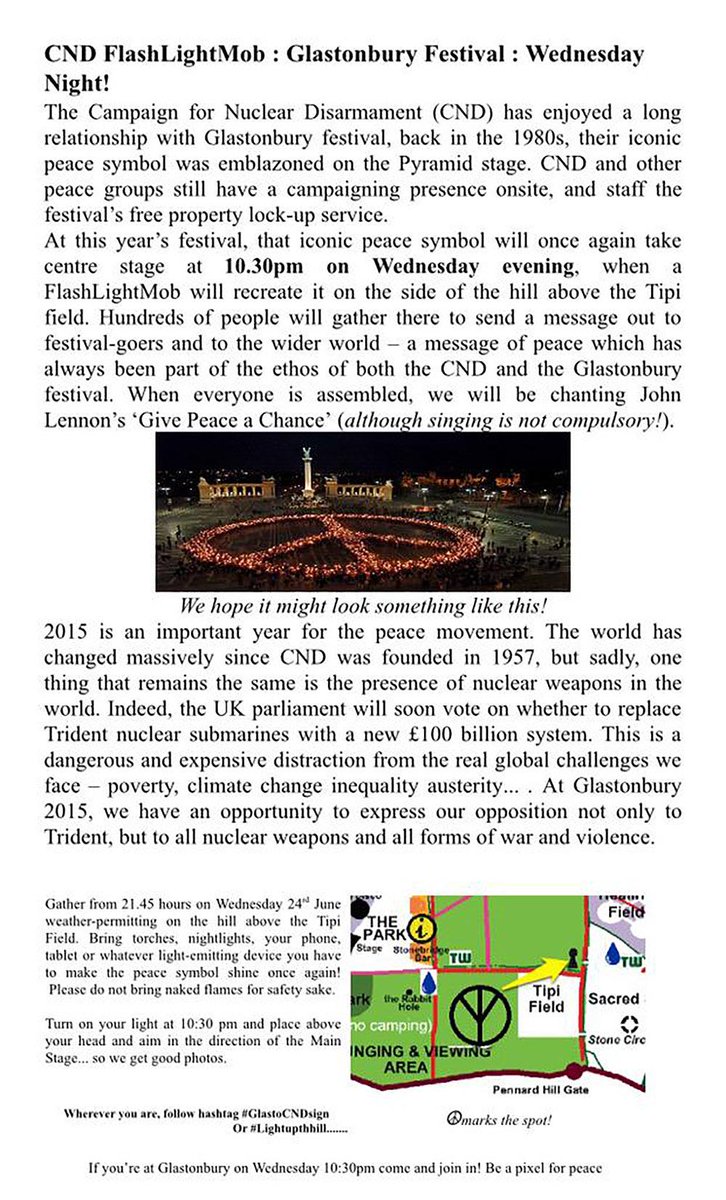 johnlennon's tweet image. ☮ GIVE PEACE A CHANCE Flashmob at #Glastonbury Wed 24 June 10:30pm above Tipi Field #glastoCNDsign  #lightupthehill