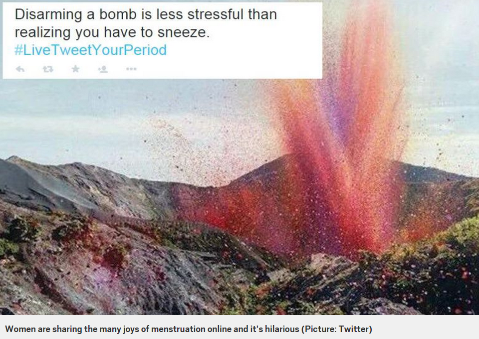 MetroUK's tweet photo. Women are live tweeting their periods, and it's hilarious #LiveTweetYourPeriod  http://t.co/8mCMt1jl9S http://t.co/GKhp9gOTgZ