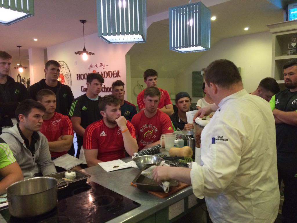 JoeyMcGinley's tweet photo. Here we go, @Munsterrugby Academy in @hookandladder2 cookery school #nutrition @IRUPA @DervalORourke http://t.co/uKC9u2vhWV