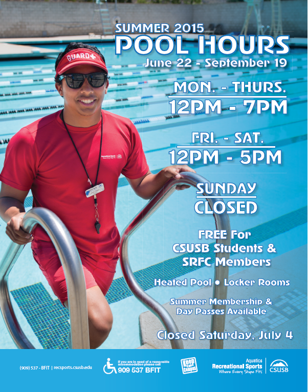 CSUSBRecWell's tweet photo. Here is our summer hours for the pool and rock climbing wall! Group ex schedule is coming soon! #CsusbRecSports http://t.co/id7jJDr92b