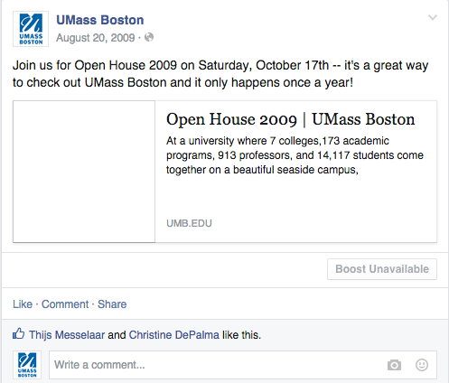 UMassBoston's tweet photo. Our #firstFacebookpost, from 2009. Just think, the future Beacons at that Open House are now proud alums! http://t.co/OmH02juBdO