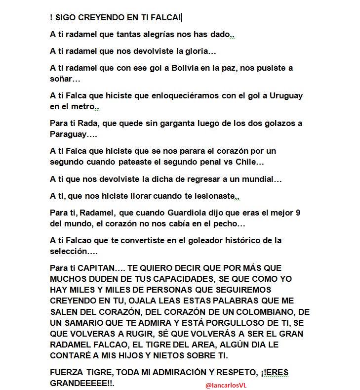 Stamartalive's tweet photo. Toda mi admiración y apoyo para ti @falcao. http://t.co/JZoYPzYA9x