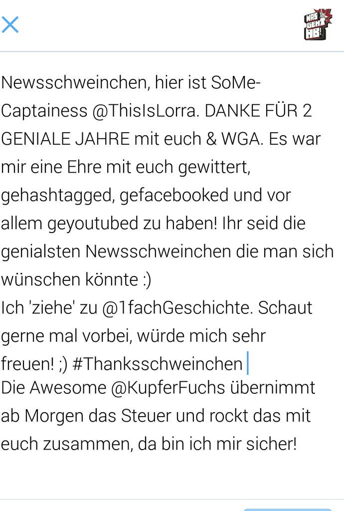wasgehtabtv's tweet photo. Liebe Newsschweinchen, hier ist SoMe-Captainess @ThisIsLorra. DANKE FÜR 2 GENIALE JAHRE mit euch &amp; WGA... #SuchThanks http://t.co/030M0JPdIc