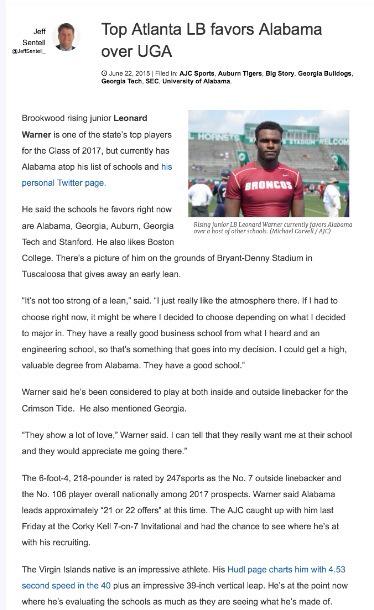RTRnews's tweet photo. Per AJCcom #Alabama Leads-Brookwood HS (GA) 2017 4-Star LB Leonard Warner (@og_leo_) #Top10LB #LoveThisGuy http://t.co/AlEsuOdQ6k
