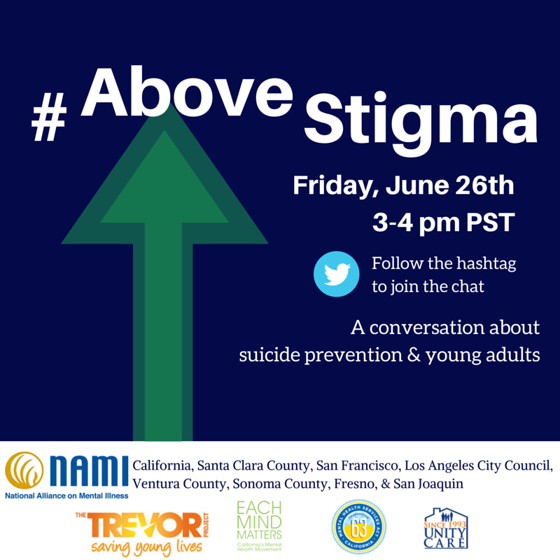 NAMISantaClara's tweet photo. Being #abovestigma means reaching out and speaking up. Join our chat on suicide prevention on Friday http://t.co/LkRTZJAJYg