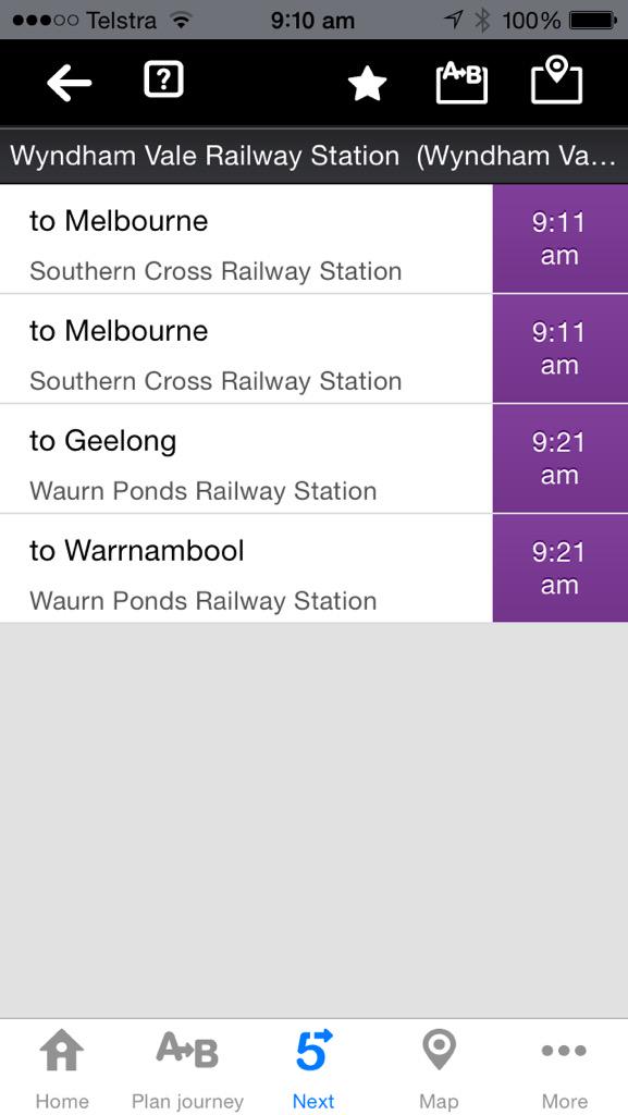 metrotrainsfail's tweet photo. 1/2 @ptv_official the app is crap. Here  are my next 5 trains 2 trains at 9:11 to Melb &amp; 2 trains to Geelong at 9:21 http://t.co/N4D3S8UnyK