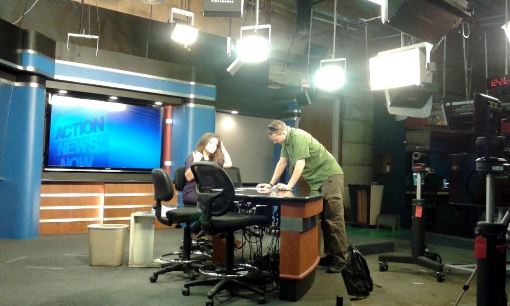 TahoeGhost's tweet photo. #TahoeGhost director Sean Stueve with reporter Vanessa Vasconcelos, recording a segment at Action News in Chico, CA. http://t.co/uIWgSX74Lk