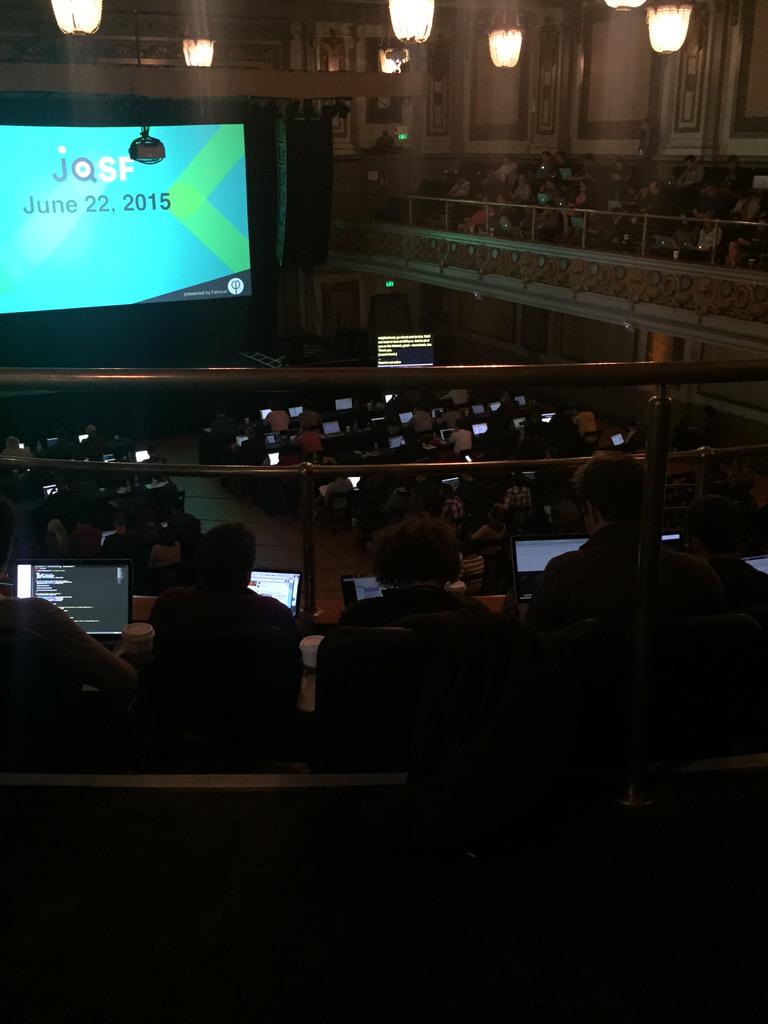 Benghamine's tweet image. I've emerged from my basement booth with @FreeCodeCamp to see that #jquerysf has a pretty full house!