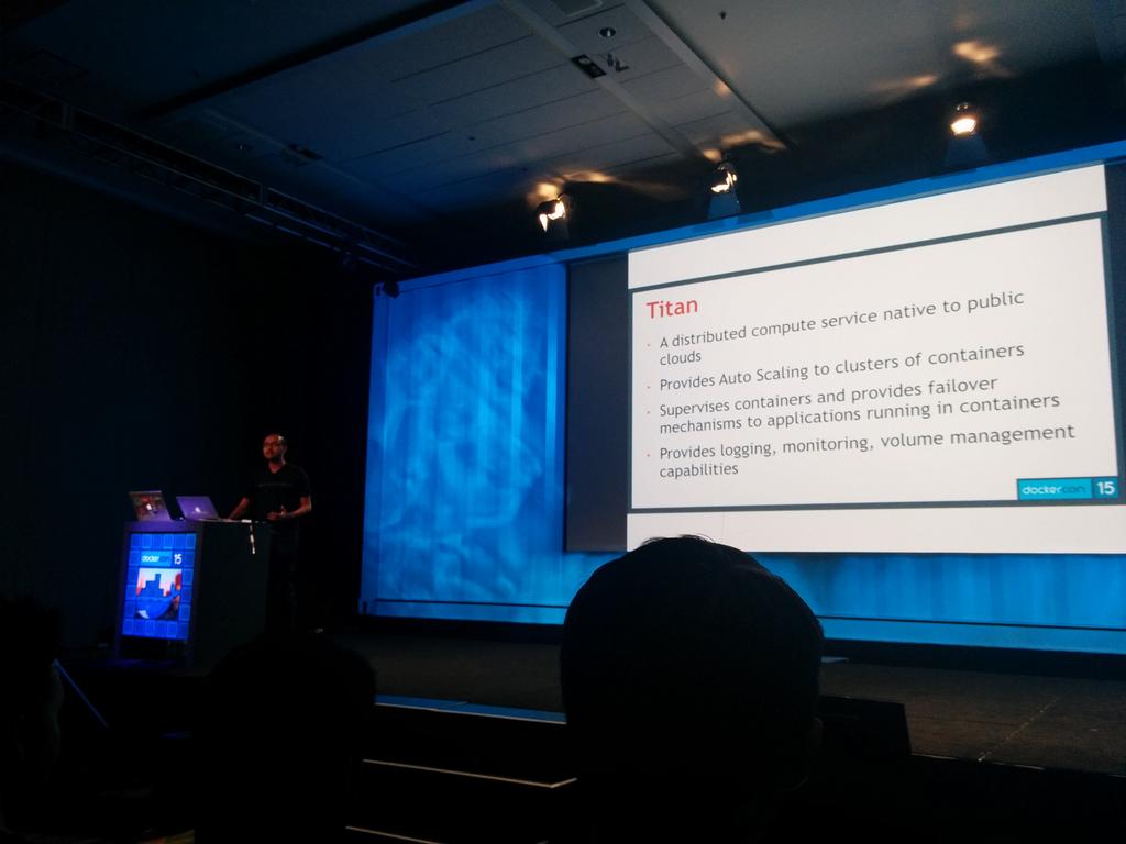 aspyker's tweet photo. Netflix's @diptanu talking about Project Titan.  Distributed scheduling of Docker apps across the globe.  #dockercon http://t.co/0zbvji1cCe