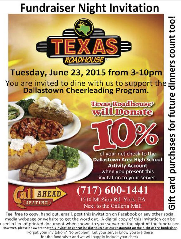 Support DT Cheer by eating at Texas Roadhouse TOMORROW from 3-10 pm! Please have a paper copy of the flyer.