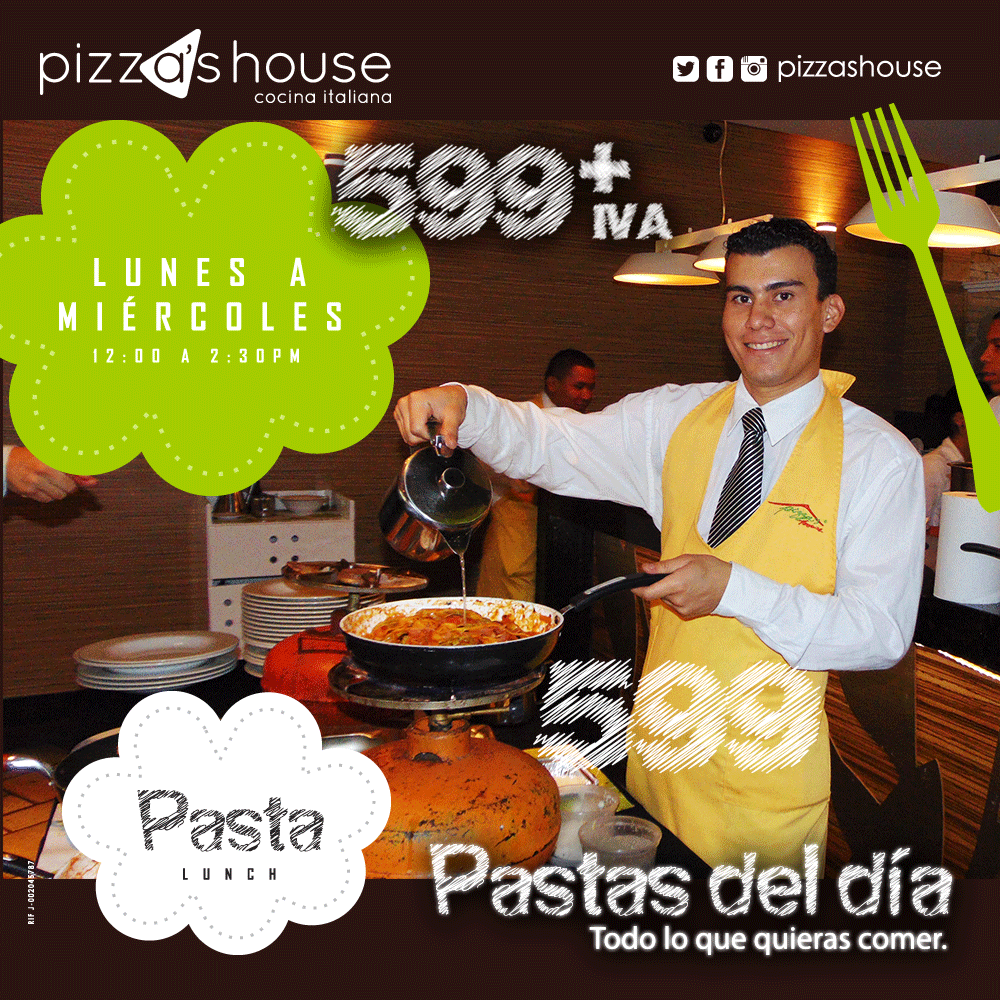 All you can eat en Pasta. De Lunes a miércoles por un precio único ¡Vente YA! 12pm a 2:30pm