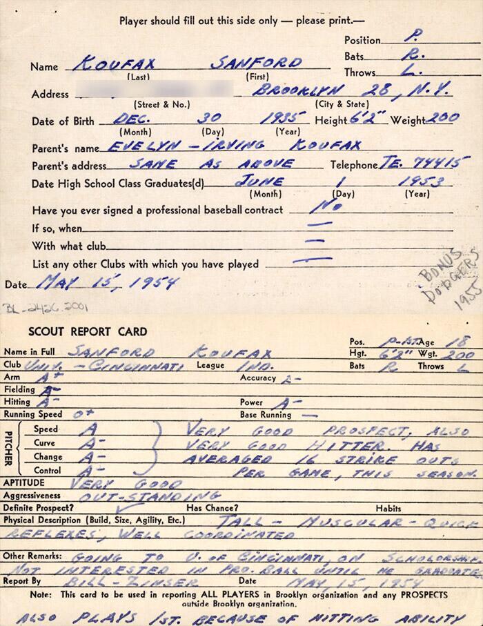 ouroldballgame's tweet photo. Sandy Koufax's original scouting report. Played first base also because of hitting abilities. 
#Dodgers @Dodgers http://t.co/s5Iqb7bFTm