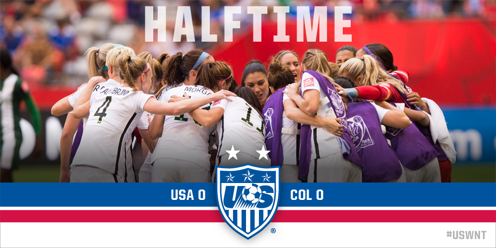 USWNT's tweet photo. Halftime: Some big chances for the #USWNT but we're scoreless at the break here in Edmonton. #USAvCOL 0-0 http://t.co/GYpI4GnV1j