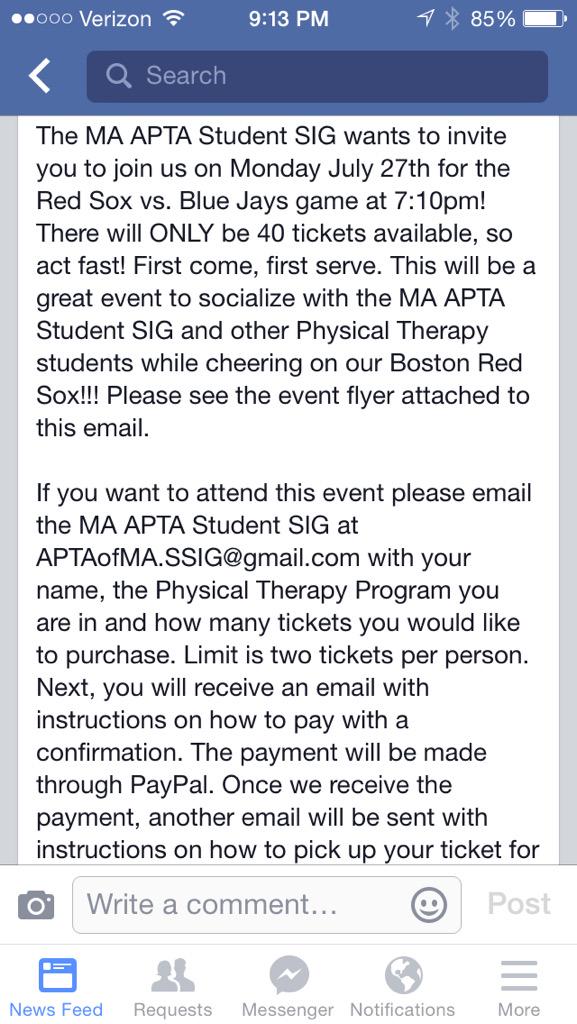 Last Chance to Get tix for the APTAofMA Student SIG Red Sox Game! Tix $30-email below to pay and reserve your seat!