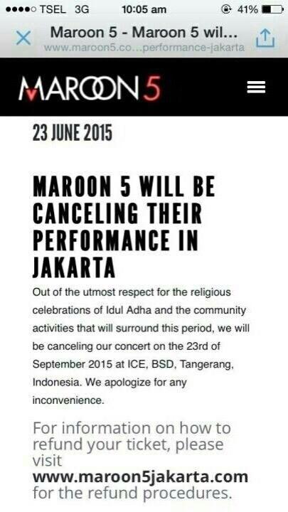 daisyrusdi's tweet photo. Nah gitu dong,asik. Jadi bs ntn next concert. Amin ! RT @haloBali: Maroon5 batal tampil di jakarta http://t.co/p7k4WdHu8J