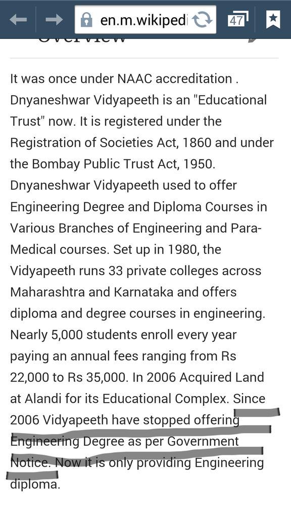 shweta_shalini's tweet photo. Check what wiki page says for Dyaneshwar Vidyapeeth..they stopped degrees only after 2006. @TawdeVinod @MrsGandhi http://t.co/fPisr9xPXR