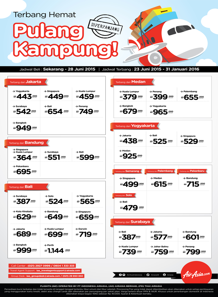 Terbang hemat pulang kampung... !
Jadwal beli : sekarang-28 Juni 2015 
Jadwal terbang : 23 Juni  2015-31 Januari 2016