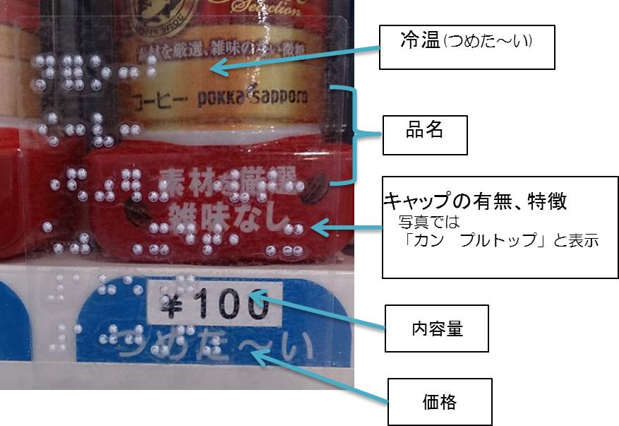 日本点字図書館 公式 当館では 館内に設置した自動販売機のボタンに付ける点字 には 写真のように 飲み物の冷温状態 品名 キャップの有無 内容量 価格を表示しています この書き方については 実際に視覚障害のある人の要望を聞いて決めています