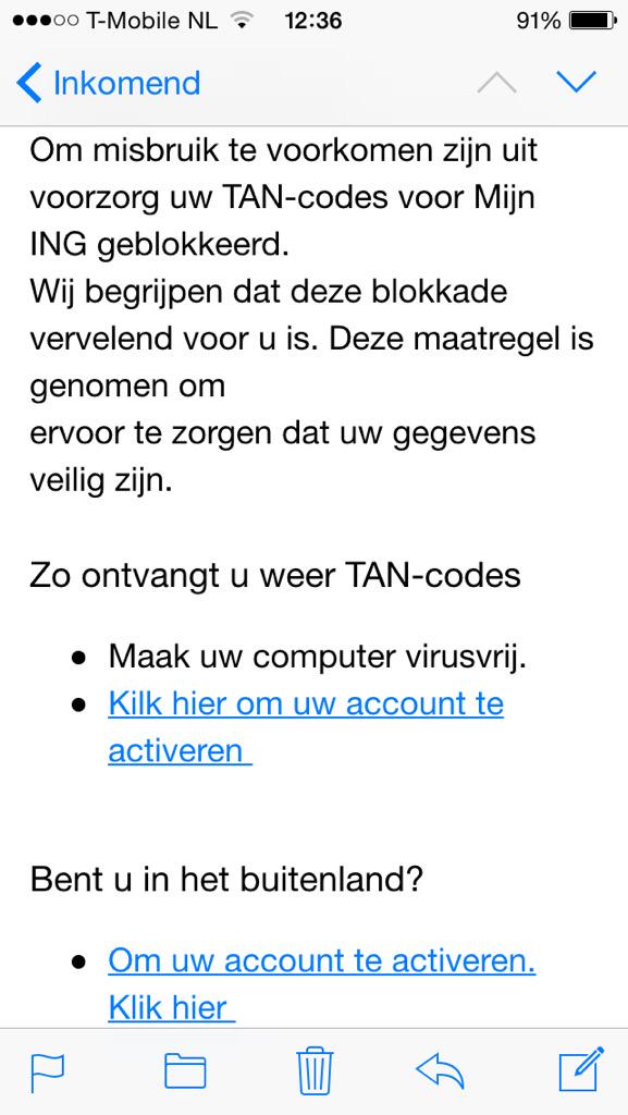 EsvRa's tweet photo. Een phishing email verstuurd namens "ING". Jammer voor de verzender dat ik geen klant ben van ING... http://t.co/mI4yri1e27