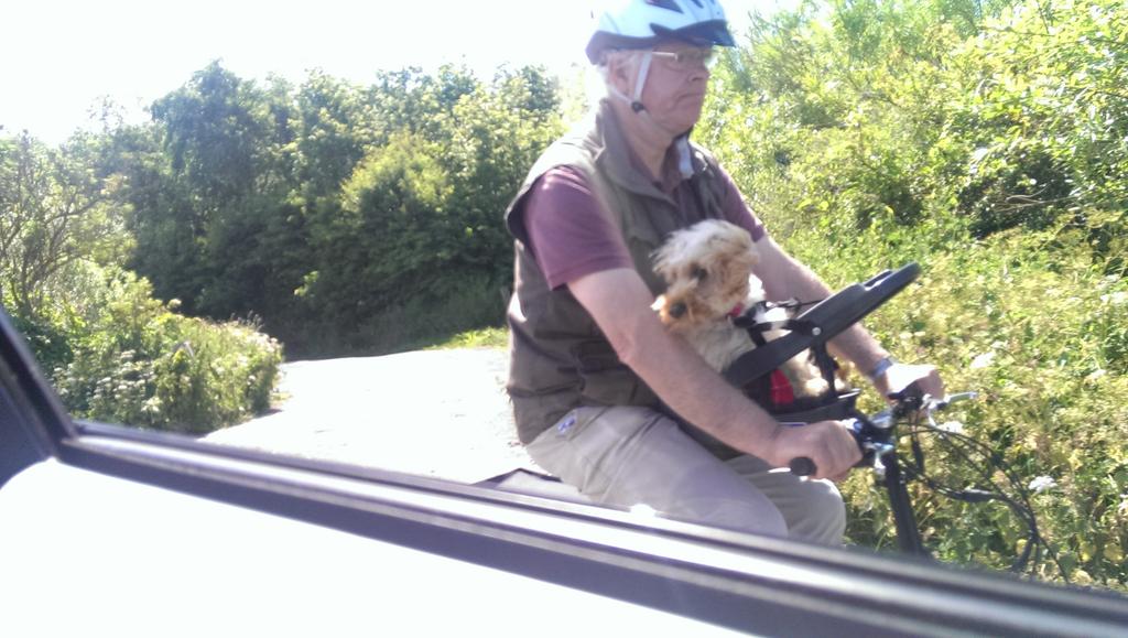 MakBeno's tweet photo. Out filming the Evoque with @Its_A_Goodwin @CarKeys_UK and this wise guy shows up with a dog attached to his bike. http://t.co/GlKF6VyD35