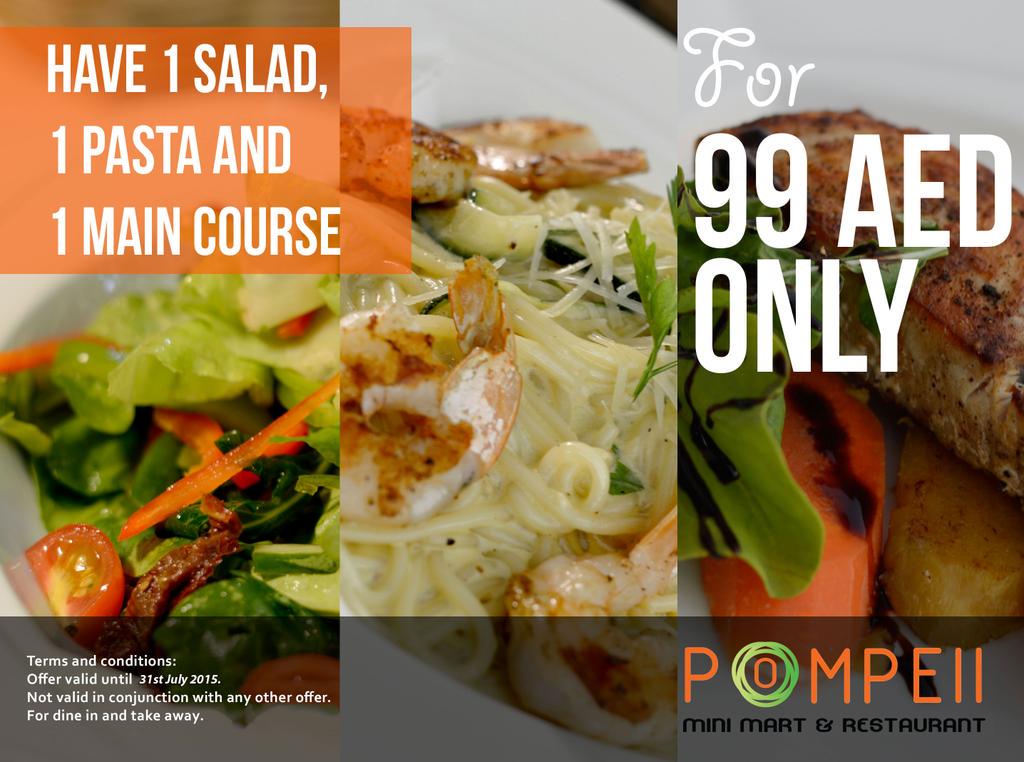 Pompeii2's tweet photo. Iftar offer.For dine in or delivery. 1 salad, 1pasta and 1 main course for 99AED only!
800POMPEII.
Delivery 5AED. http://t.co/en2s1n5l5X