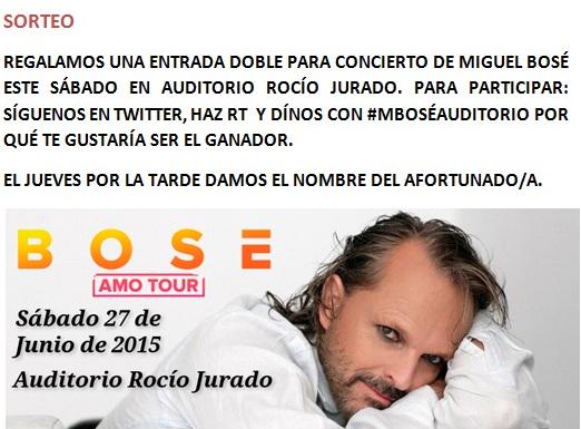 AudRocioJurado's tweet photo. Regalamos 1entrada doble para concierto de #Bosé #AMOTOUR en #Sevilla.

Sigue instrucciones del post! #MBOSÉAUDITORIO http://t.co/lAPaMDlVFX
