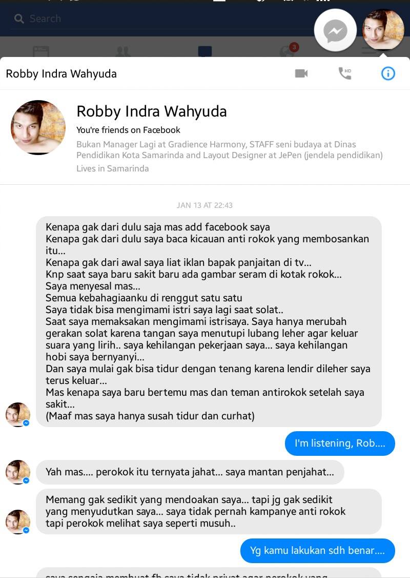 TweetAntiRokok's tweet photo. Kisah nyata dari Sahabat kami yang baru saja meninggal dunia siang ini, sedang curhat dgn mas @kartolo2000 http://t.co/JTU5nwJO6U