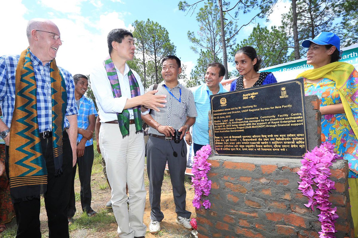 UNDPNepal's tweet image. UNDPs @HaoliangXu laid foundation stone 4 ginger processing center in S.palchok. @UNDPasiapac #NepalReconstruction