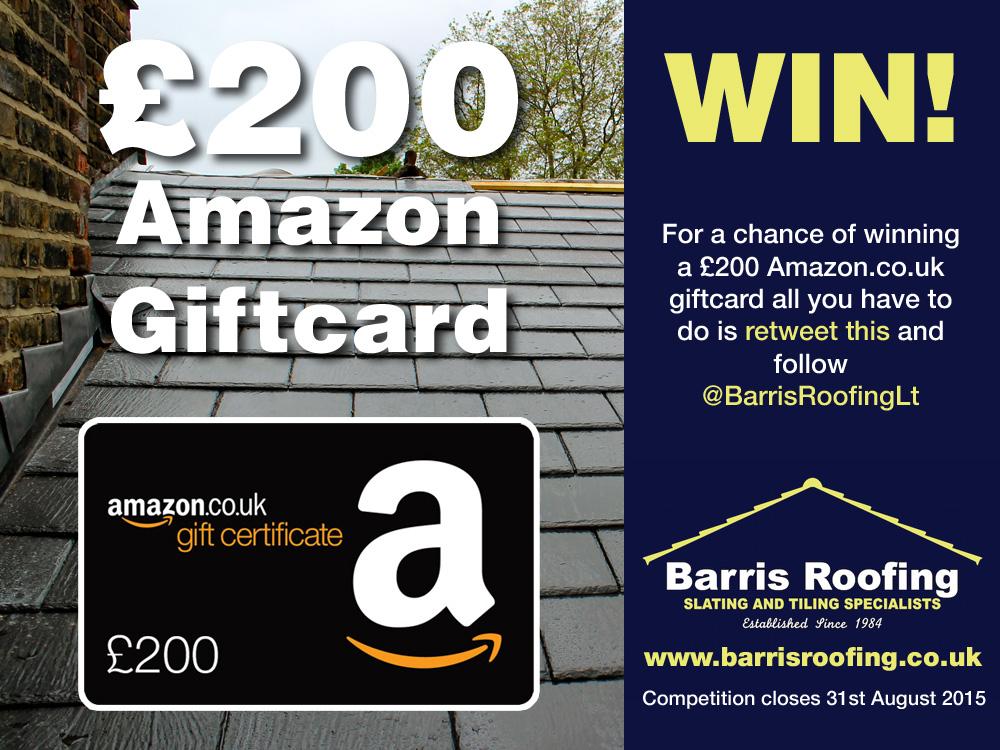 BarrisRoofingLt's tweet image. Would you like to stand a chance to win a £200 #Amazon gift card? Simply RT and follow us to enter our #competition!