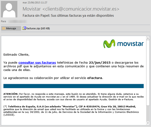 guardiacivil's tweet photo. #Alerta
#Phishing vía un falso mail de @movistar con asunto "factura sin papel"
#NoPiques
https://t.co/hykiwnYCWb http://t.co/JDmeiA3Kam