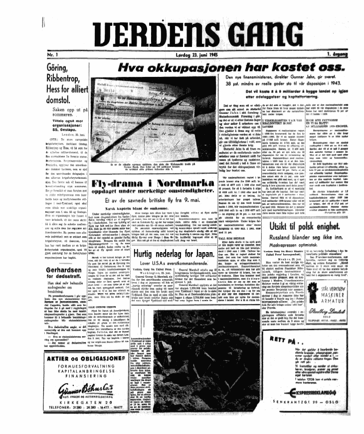 vgnett's tweet photo. Forsiden av VG, 23. juni 1945 http://t.co/QlssAqb9k5