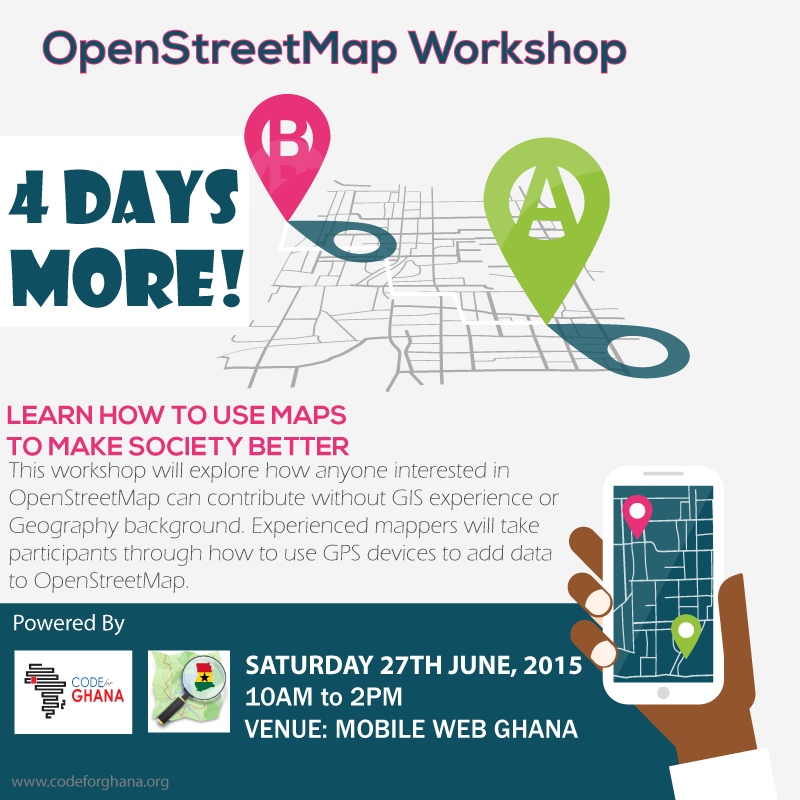 OSMGhana's tweet photo. 4 Days to go! Join us!
Register at http://t.co/Km6qah03jw #Map4GH http://t.co/yBR4VXheHO