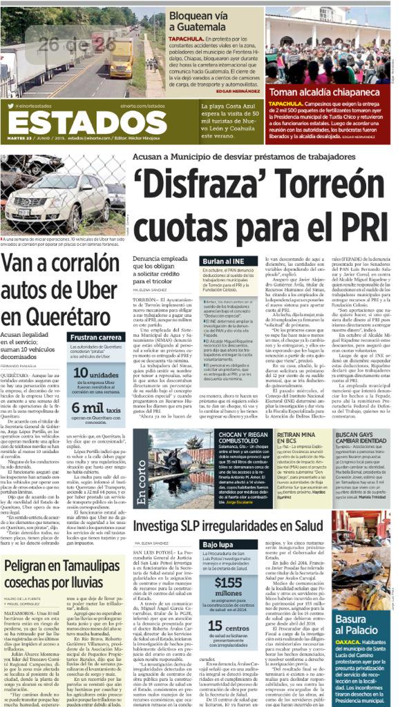 PAN_Coah's tweet photo. La corrupción del #PRI con @mrikelme en #Torreón sigue en portadas nacionales. ¡No más tranzas! #Coahuila. http://t.co/ZOHMvt8M9v