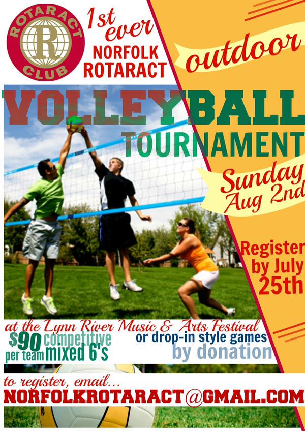 NorfolkRotaract's tweet photo. Happy to announce our 1st annual Volleyball Tournament @ this yrs @LRMAFestival Aug 2nd come &amp; support a great cause! http://t.co/pq7sPrh89S