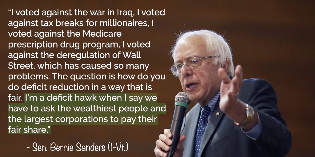 SenSanders's tweet photo. I’m a deficit hawk when I say we have to ask the wealthiest people and largest corporations to pay their fair share http://t.co/wndfyVmt1K